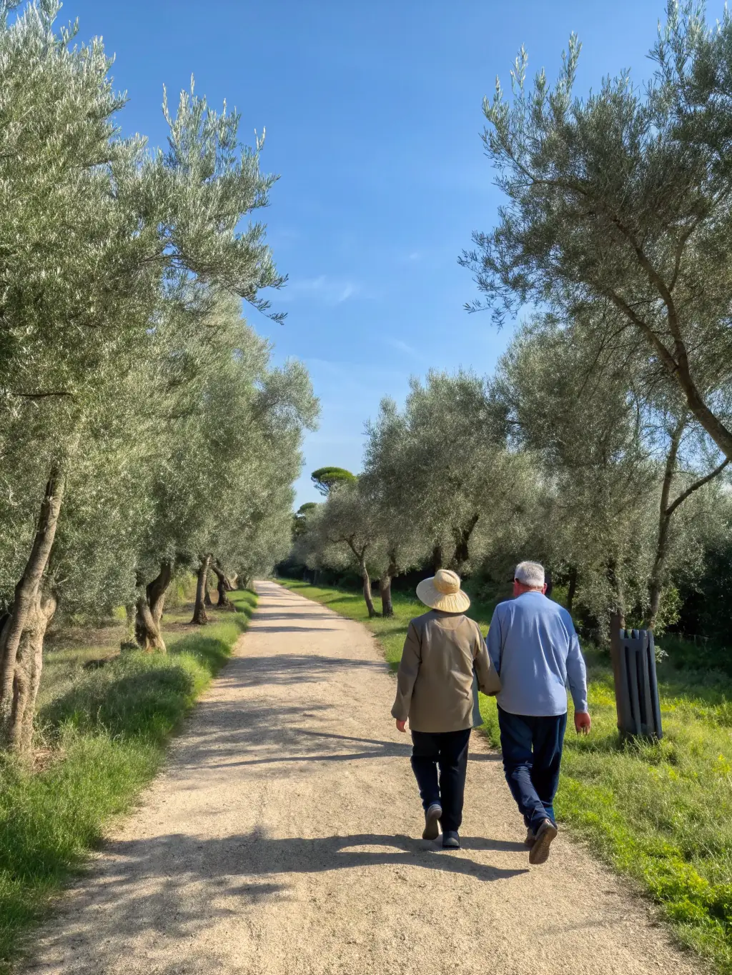 A scenic image of a group of people walking in the countryside, emphasizing the health and social benefits of D.S.S.R.'s walking program.