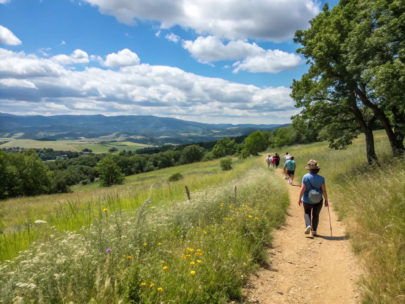 A scenic image of a group of people enjoying a leisurely walk in the countryside, emphasizing the relaxation and natural beauty of the activity.