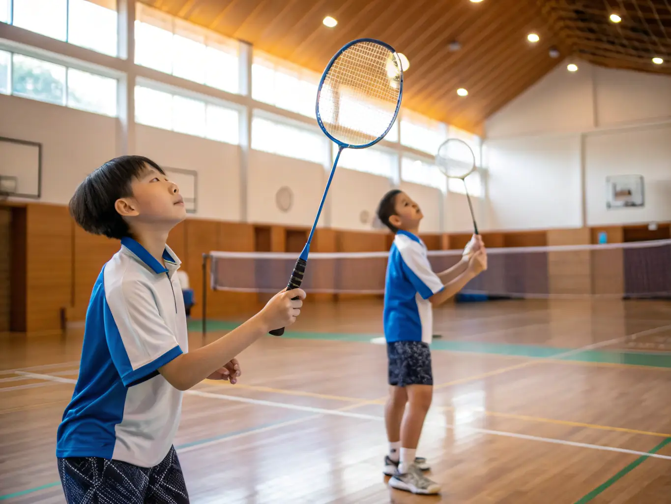 A vibrant image of club members enthusiastically playing badminton in a well-lit sports hall, showcasing the energy and camaraderie of the activity.