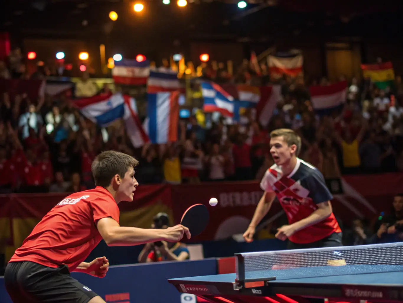 A dynamic shot of participants engaged in a lively table tennis match, highlighting the focus and enjoyment of the game.