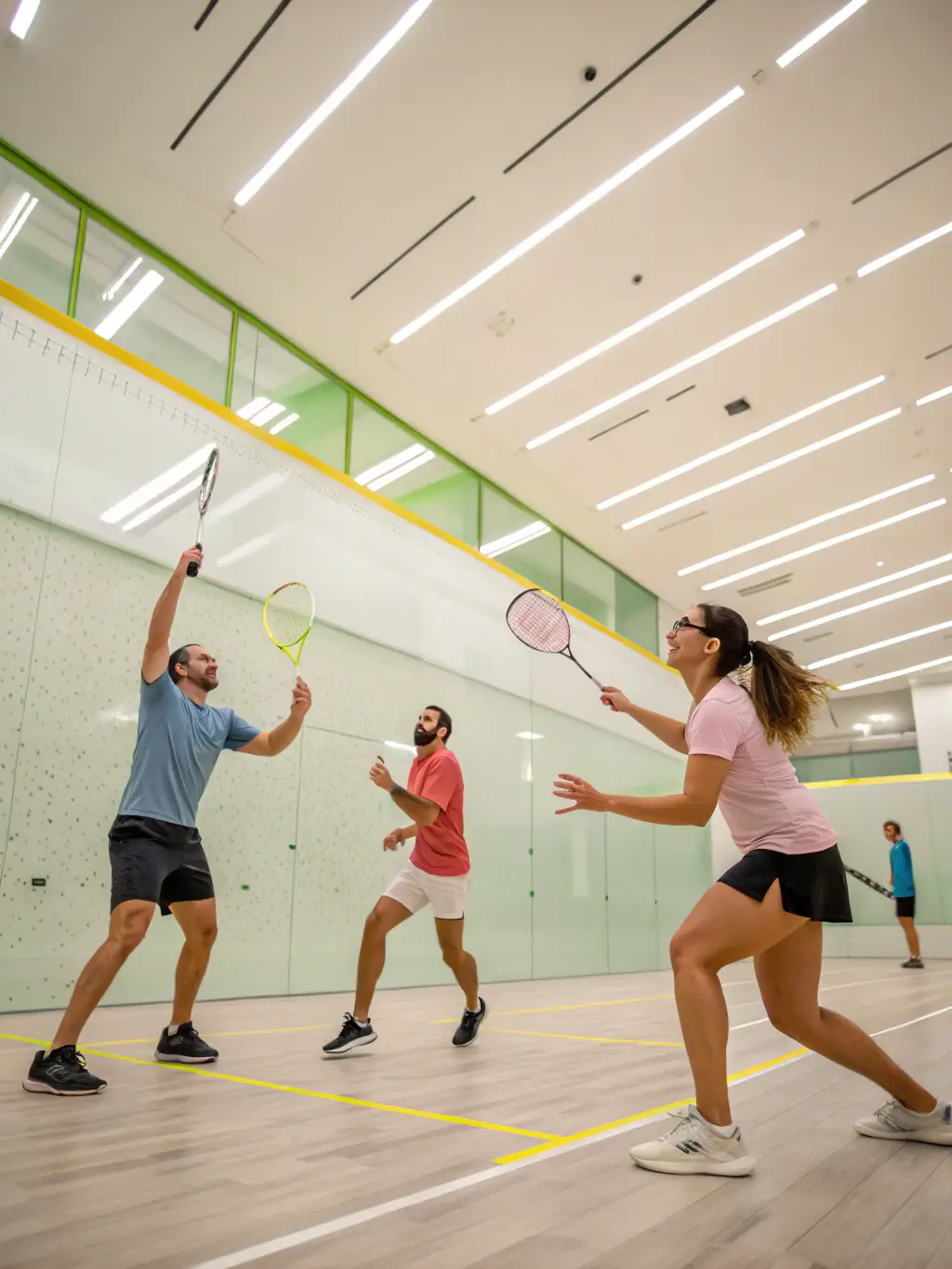 A vibrant image of people playing badminton indoors, showcasing the energy and fun of the sport at D.S.S.R.